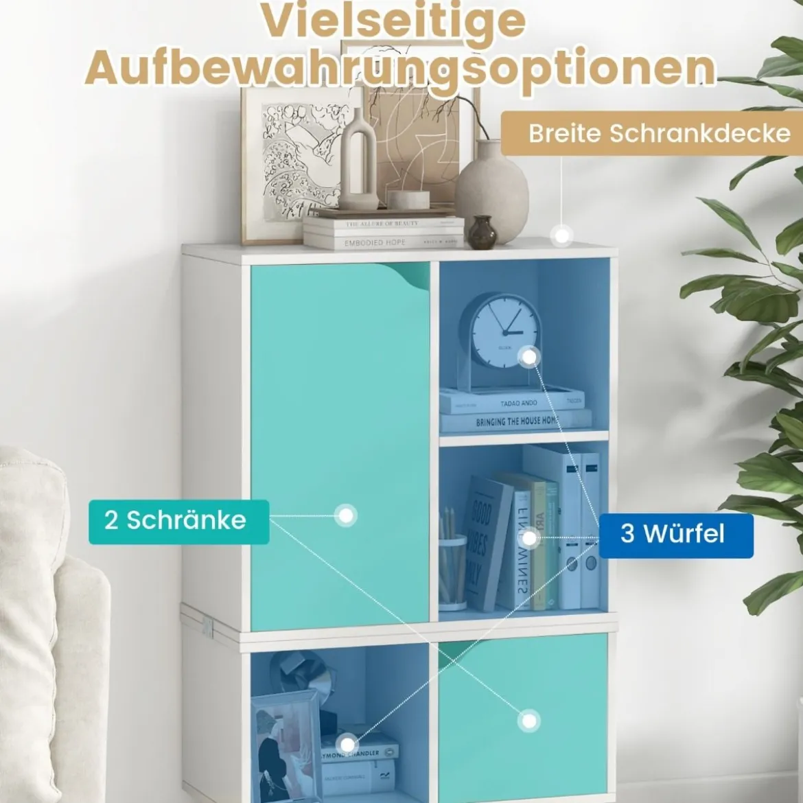 Bücherregal stapelbar Bücherschrank mit 2 Türen & 5 Fächern trennbar mit verstellbaren Regal 60 x 30 x 96,5 cm Weiß