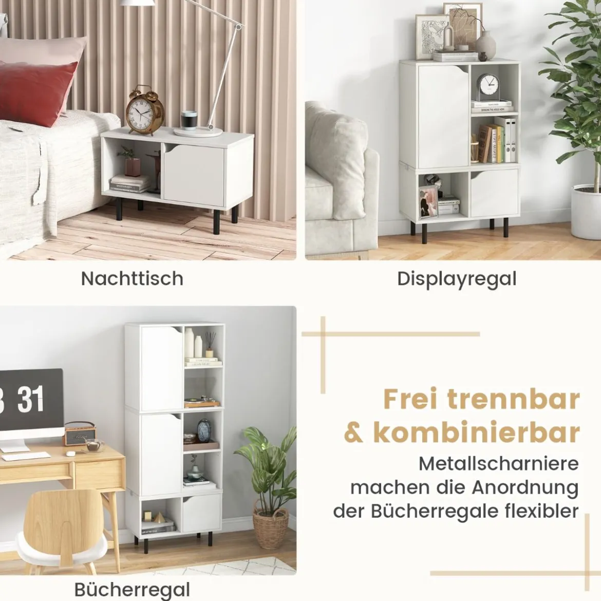 Bücherregal stapelbar Bücherschrank mit 2 Türen & 5 Fächern trennbar mit verstellbaren Regal 60 x 30 x 96,5 cm Weiß