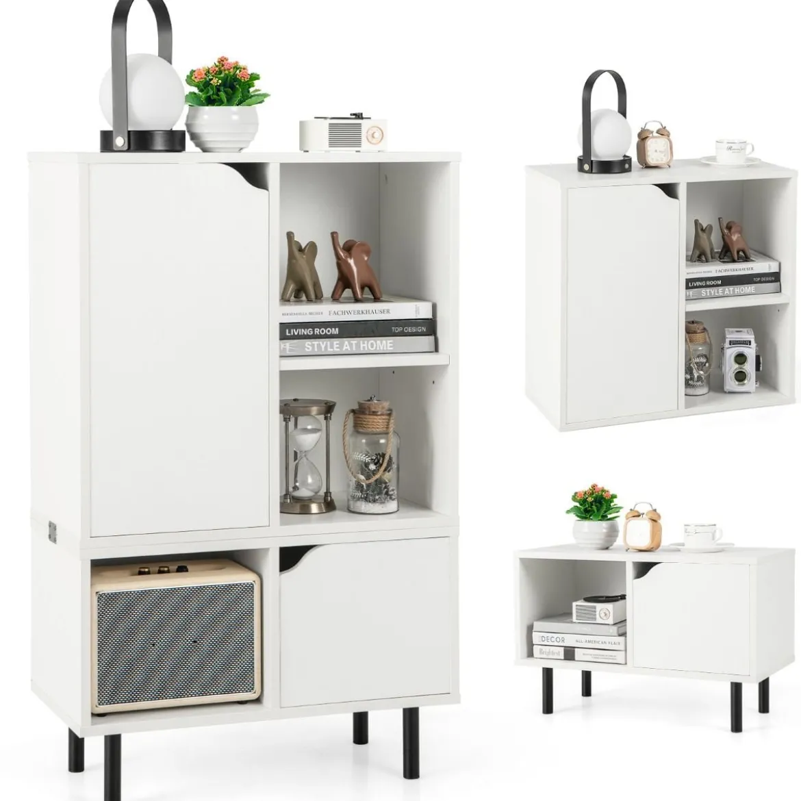 Bücherregal stapelbar Bücherschrank mit 2 Türen & 5 Fächern trennbar mit verstellbaren Regal 60 x 30 x 96,5 cm Weiß