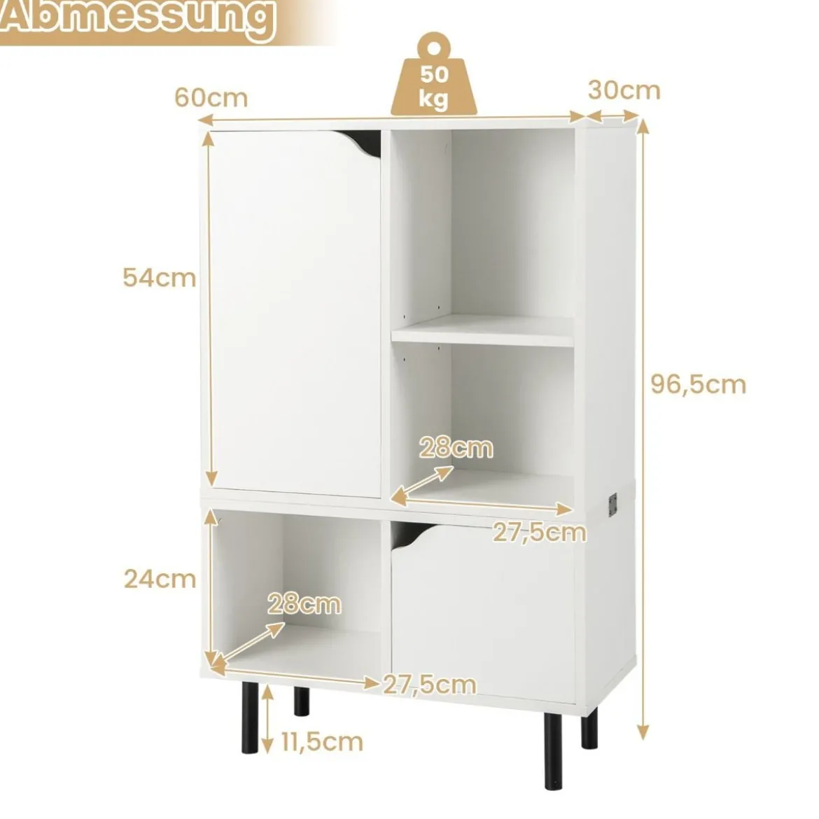 Bücherregal stapelbar Bücherschrank mit 2 Türen & 5 Fächern trennbar mit verstellbaren Regal 60 x 30 x 96,5 cm Weiß