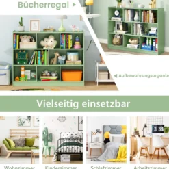 Bücherregal 3-stöckiger Bücherschrank mit 8 offenen Fächern und 2 Kippsicherungen freistehendes Lagerregal Grün