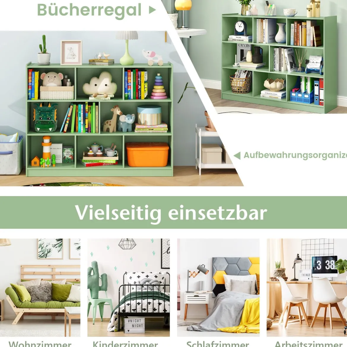 Bücherregal 3-stöckiger Bücherschrank mit 8 offenen Fächern und 2 Kippsicherungen freistehendes Lagerregal Grün