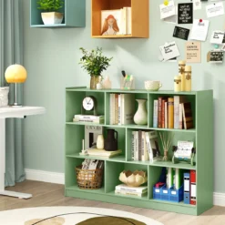 Bücherregal 3-stöckiger Bücherschrank mit 8 offenen Fächern und 2 Kippsicherungen freistehendes Lagerregal Grün