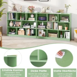 Bücherregal 3-stöckiger Bücherschrank mit 8 offenen Fächern und 2 Kippsicherungen freistehendes Lagerregal Grün