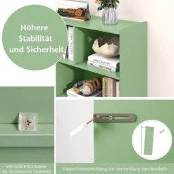 Bücherregal 3-stöckiger Bücherschrank mit 8 offenen Fächern und 2 Kippsicherungen freistehendes Lagerregal Grün