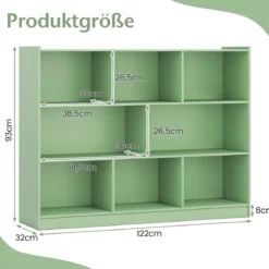 Bücherregal 3-stöckiger Bücherschrank mit 8 offenen Fächern und 2 Kippsicherungen freistehendes Lagerregal Grün
