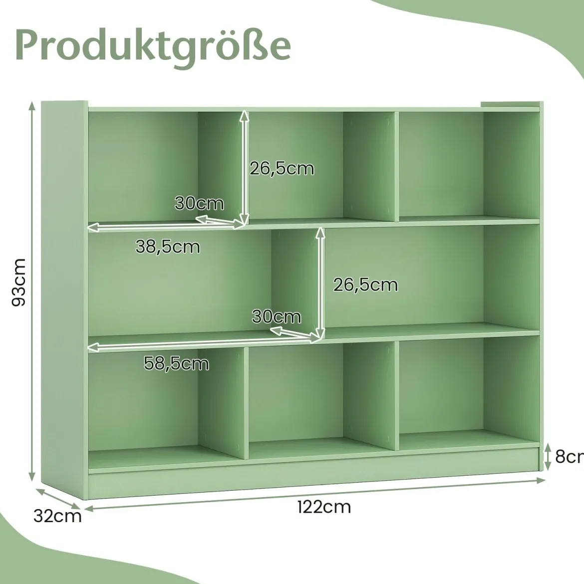 Bücherregal 3-stöckiger Bücherschrank mit 8 offenen Fächern und 2 Kippsicherungen freistehendes Lagerregal Grün