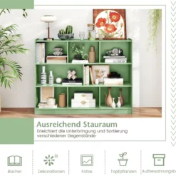 Bücherregal 3-stöckiger Bücherschrank mit 8 offenen Fächern und 2 Kippsicherungen freistehendes Lagerregal Grün