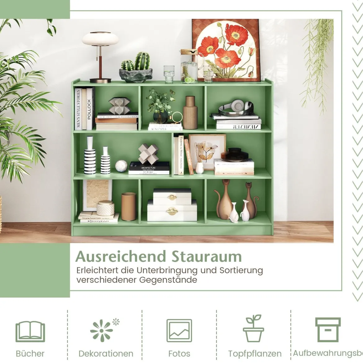 Bücherregal 3-stöckiger Bücherschrank mit 8 offenen Fächern und 2 Kippsicherungen freistehendes Lagerregal Grün