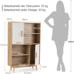 Bücherregal 4-stöckiges Bücherregal mit 2 Türen 4 offene Regale 80 x 24 x 120 cm Weiß