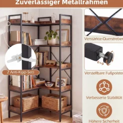Bücherregal 5 Stöckiges L-Form Eckregal mit Erhöhten Seitenkanten 72 x 69 x 167 cm Braun