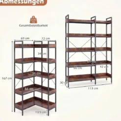 Bücherregal 5 Stöckiges L-Form Eckregal mit Erhöhten Seitenkanten 72 x 69 x 167 cm Braun