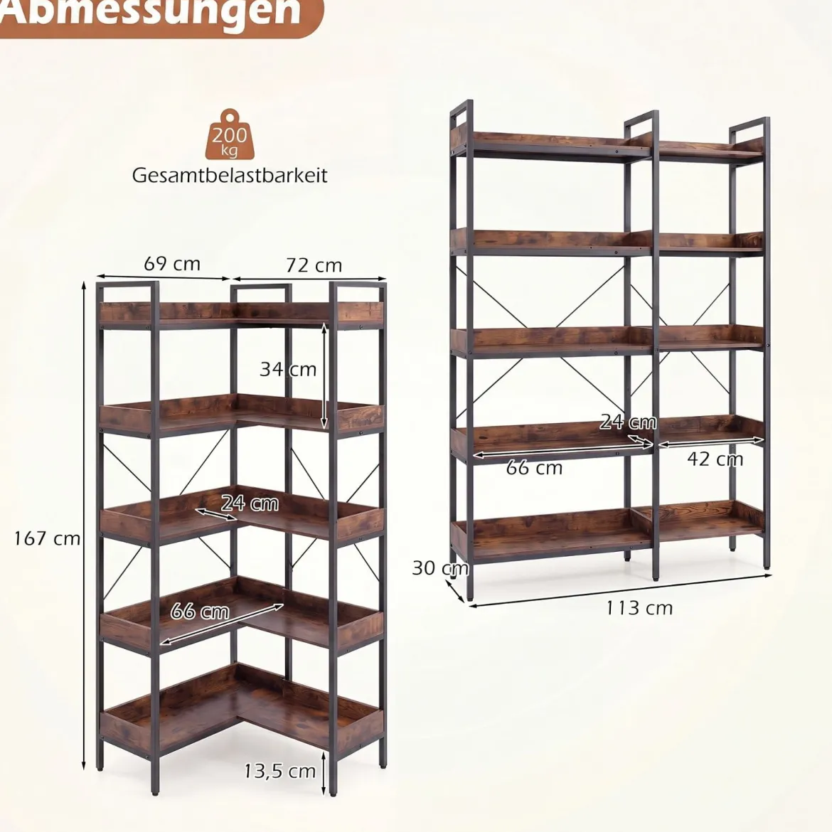 Bücherregal 5 Stöckiges L-Form Eckregal mit Erhöhten Seitenkanten 72 x 69 x 167 cm Braun