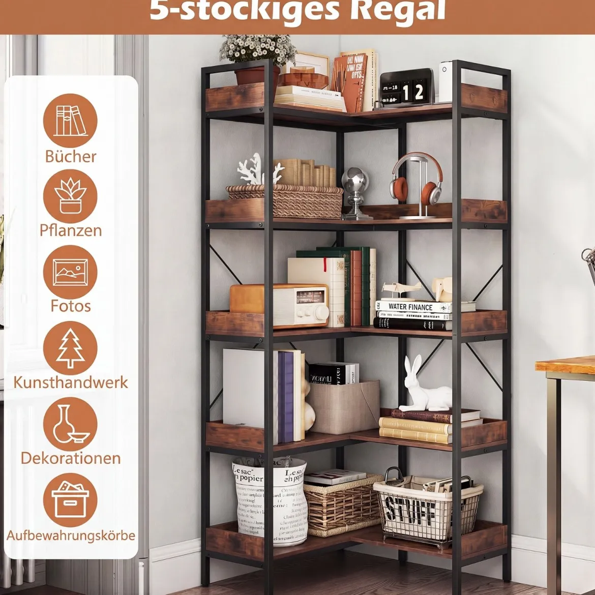 Bücherregal 5 Stöckiges L-Form Eckregal mit Erhöhten Seitenkanten 72 x 69 x 167 cm Braun