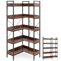 Bücherregal 5 Stöckiges L-Form Eckregal mit Erhöhten Seitenkanten 72 x 69 x 167 cm Braun