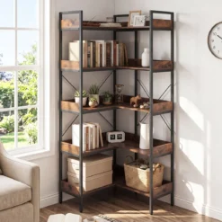 Bücherregal 5 Stöckiges L-Form Eckregal mit Erhöhten Seitenkanten 72 x 69 x 167 cm Braun