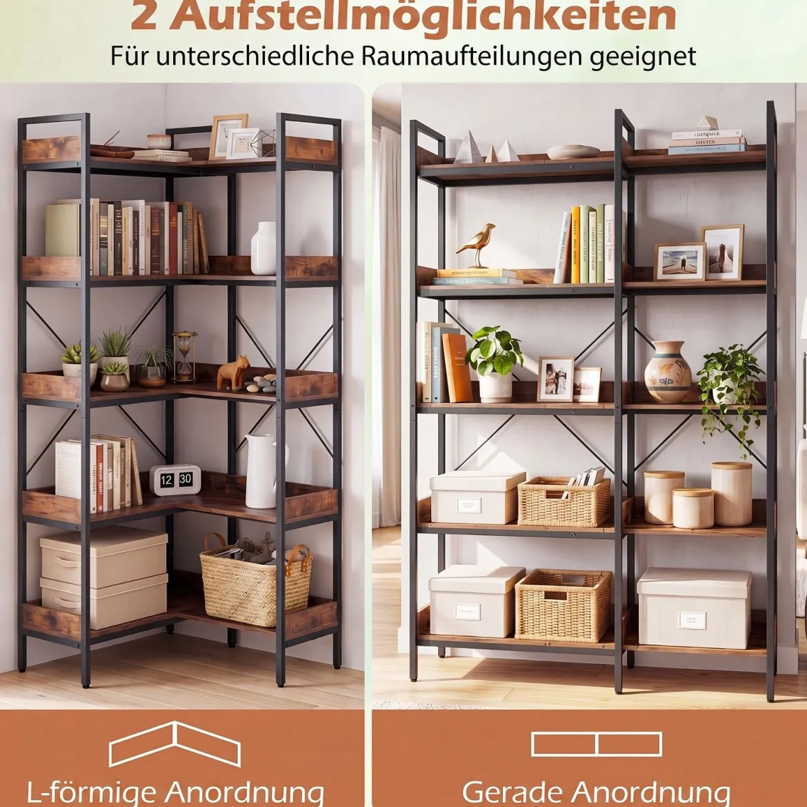 Bücherregal 5 Stöckiges L-Form Eckregal mit Erhöhten Seitenkanten 72 x 69 x 167 cm Braun