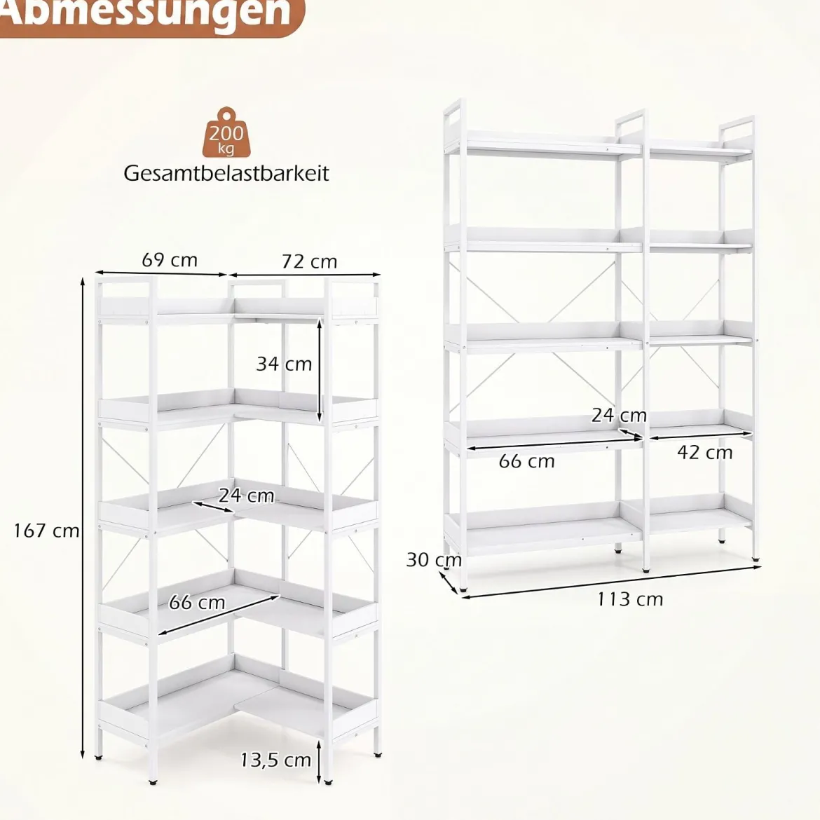 Bücherregal 5 Stöckiges L-Form Eckregal aus Holz mit Erhöhten Seitenkanten 72 x 69 x 167 cm Weiß