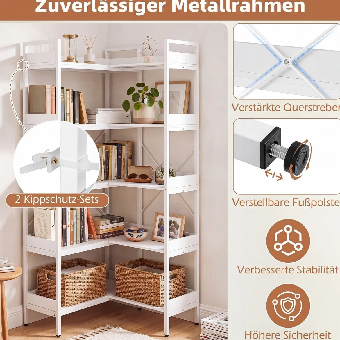 Bücherregal 5 Stöckiges L-Form Eckregal aus Holz mit Erhöhten Seitenkanten 72 x 69 x 167 cm Weiß