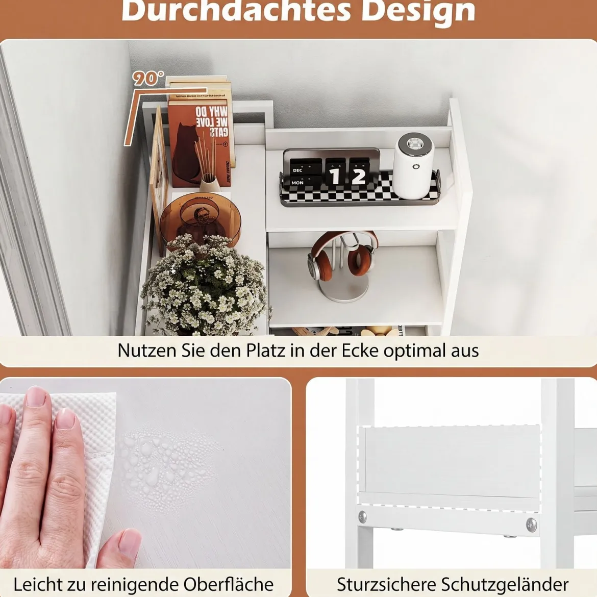 Bücherregal 5 Stöckiges L-Form Eckregal aus Holz mit Erhöhten Seitenkanten 72 x 69 x 167 cm Weiß