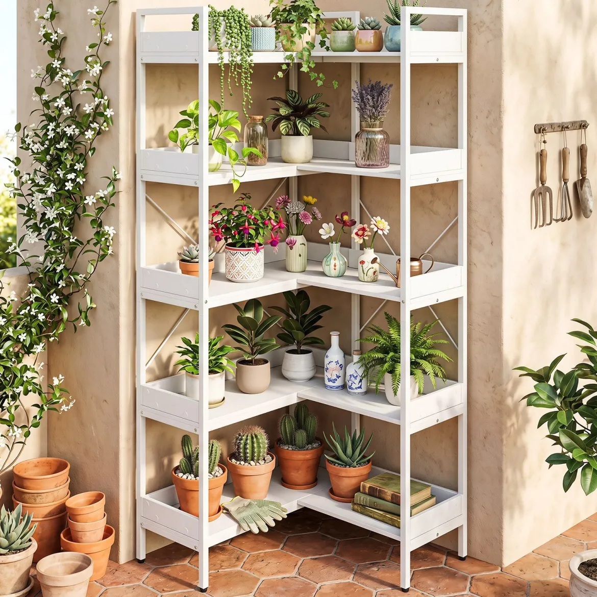 Bücherregal 5 Stöckiges L-Form Eckregal aus Holz mit Erhöhten Seitenkanten 72 x 69 x 167 cm Weiß