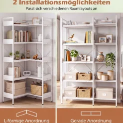 Bücherregal 5 Stöckiges L-Form Eckregal aus Holz mit Erhöhten Seitenkanten 72 x 69 x 167 cm Weiß