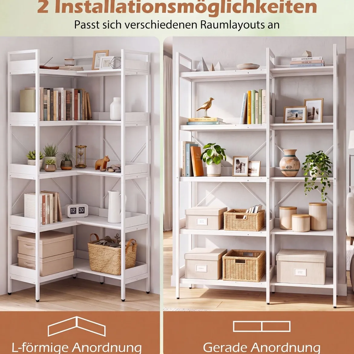 Bücherregal 5 Stöckiges L-Form Eckregal aus Holz mit Erhöhten Seitenkanten 72 x 69 x 167 cm Weiß