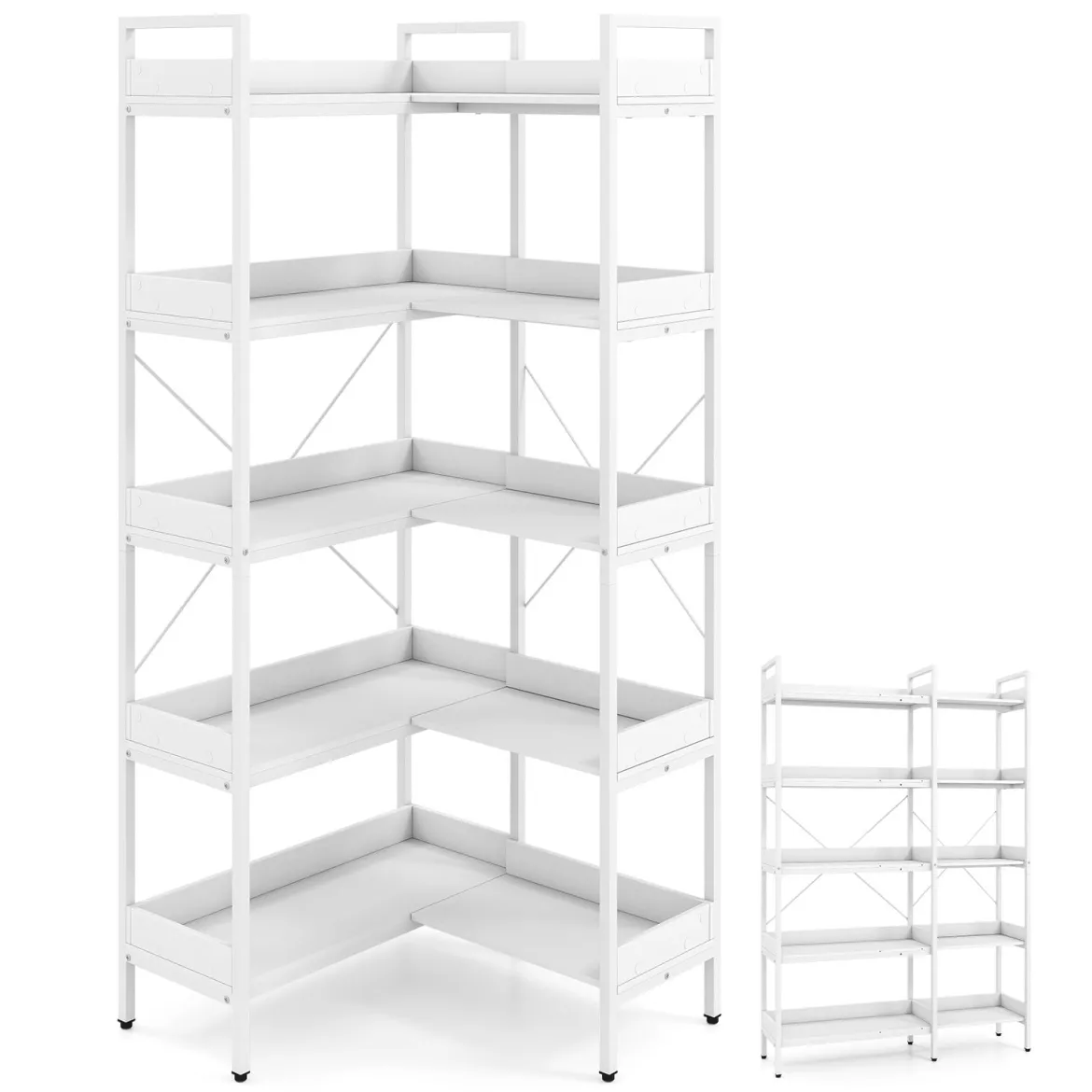 Bücherregal 5 Stöckiges L-Form Eckregal aus Holz mit Erhöhten Seitenkanten 72 x 69 x 167 cm Weiß