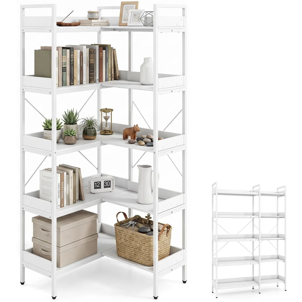 Bücherregal 5 Stöckiges L-Form Eckregal aus Holz mit Erhöhten Seitenkanten 72 x 69 x 167 cm Weiß