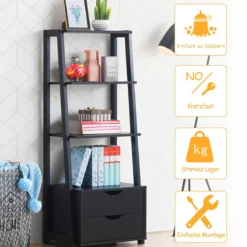 Bücherregal 4-Stöckiges Modernes Holzregal Leiterregal mit Schubladen Badezimmerregal Schwarz