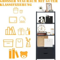 Bücherregal 4-Stöckiges Modernes Holzregal Leiterregal mit Schubladen Badezimmerregal Schwarz