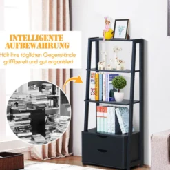 Bücherregal 4-Stöckiges Modernes Holzregal Leiterregal mit Schubladen Badezimmerregal Schwarz