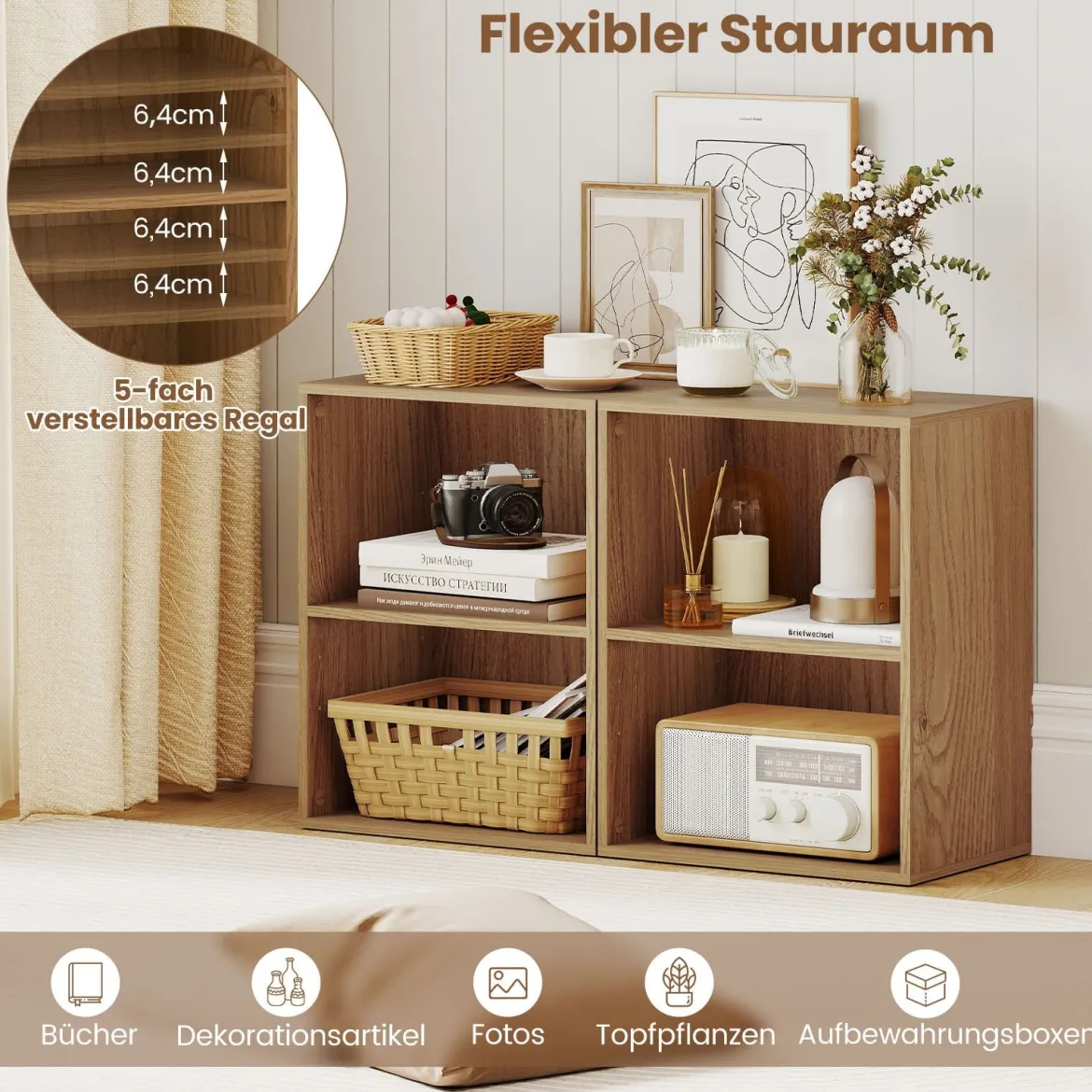 Bücherregal 2-stöckiges Regal offenes Aufbewahrungsregal aus Holz Natur 42 x 29,5 x 53,5 cm