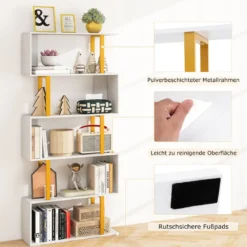 Bücherregal Weiß Standregal mit 5 Ebenen S-förmig Büroregal freistehend 70 x 24 x 157 cm