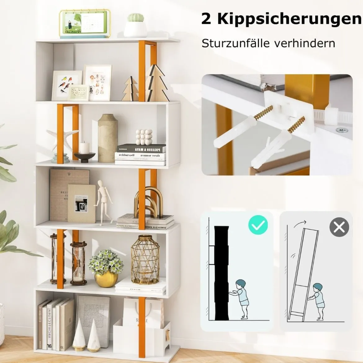 Bücherregal Weiß Standregal mit 5 Ebenen S-förmig Büroregal freistehend 70 x 24 x 157 cm