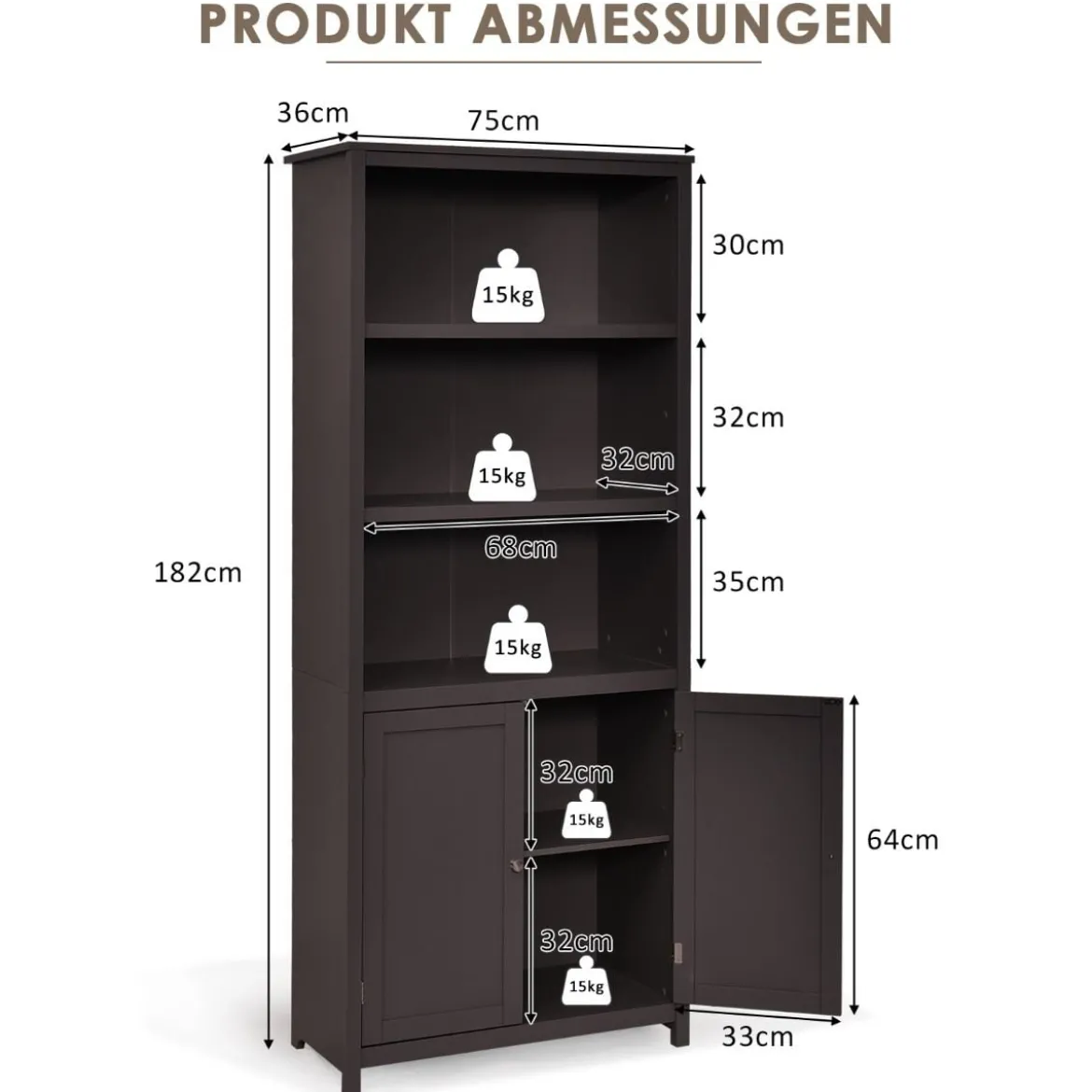 Bücherschrank Bücherregal mit Türen & 3 offenen Regalen Standregal Aktenregal Kaffee