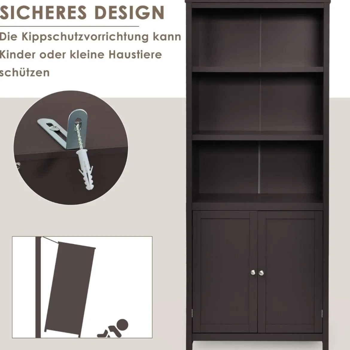 Bücherschrank Bücherregal mit Türen & 3 offenen Regalen Standregal Aktenregal Kaffee