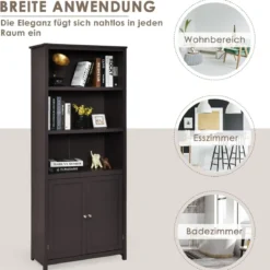 Bücherschrank Bücherregal mit Türen & 3 offenen Regalen Standregal Aktenregal Kaffee