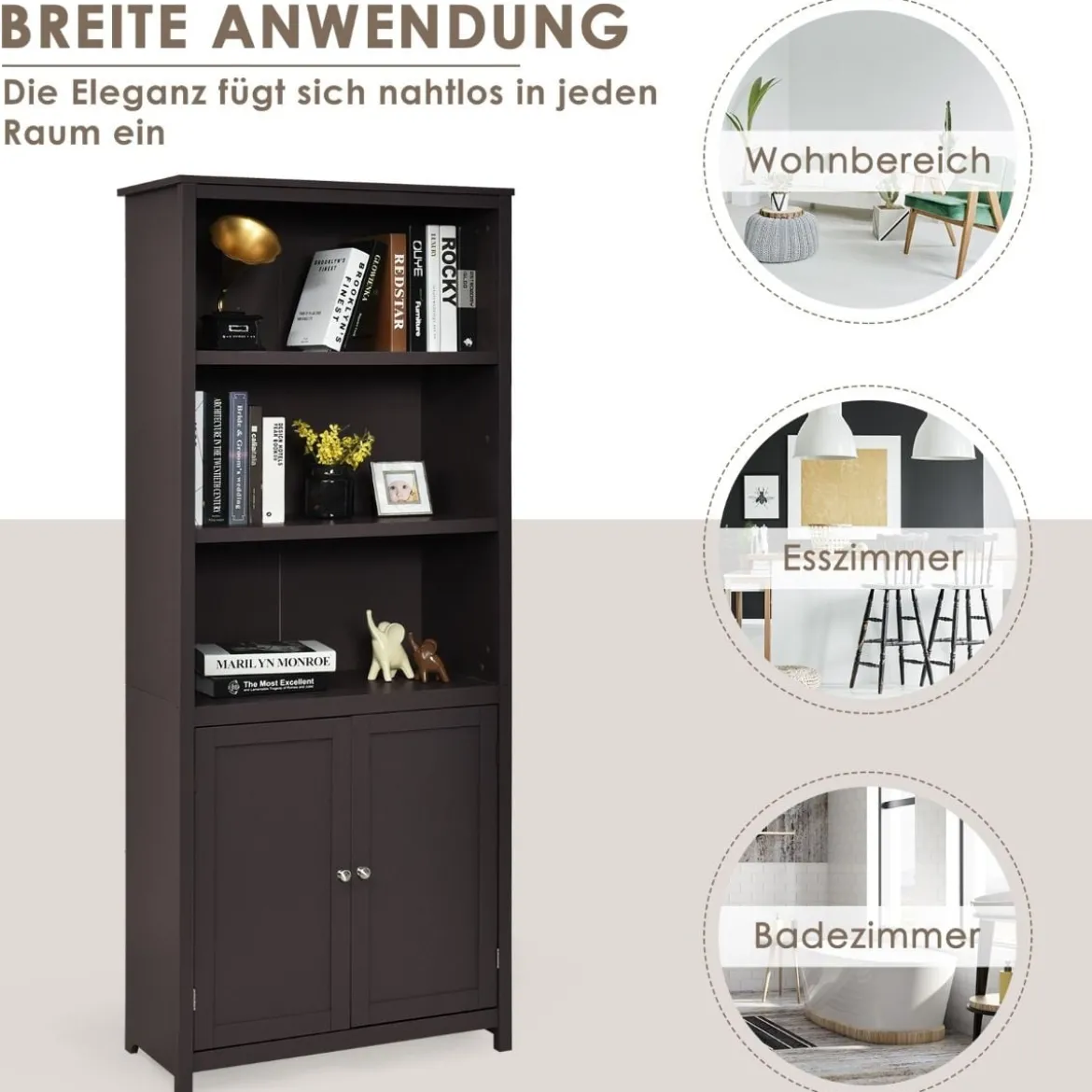 Bücherschrank Bücherregal mit Türen & 3 offenen Regalen Standregal Aktenregal Kaffee