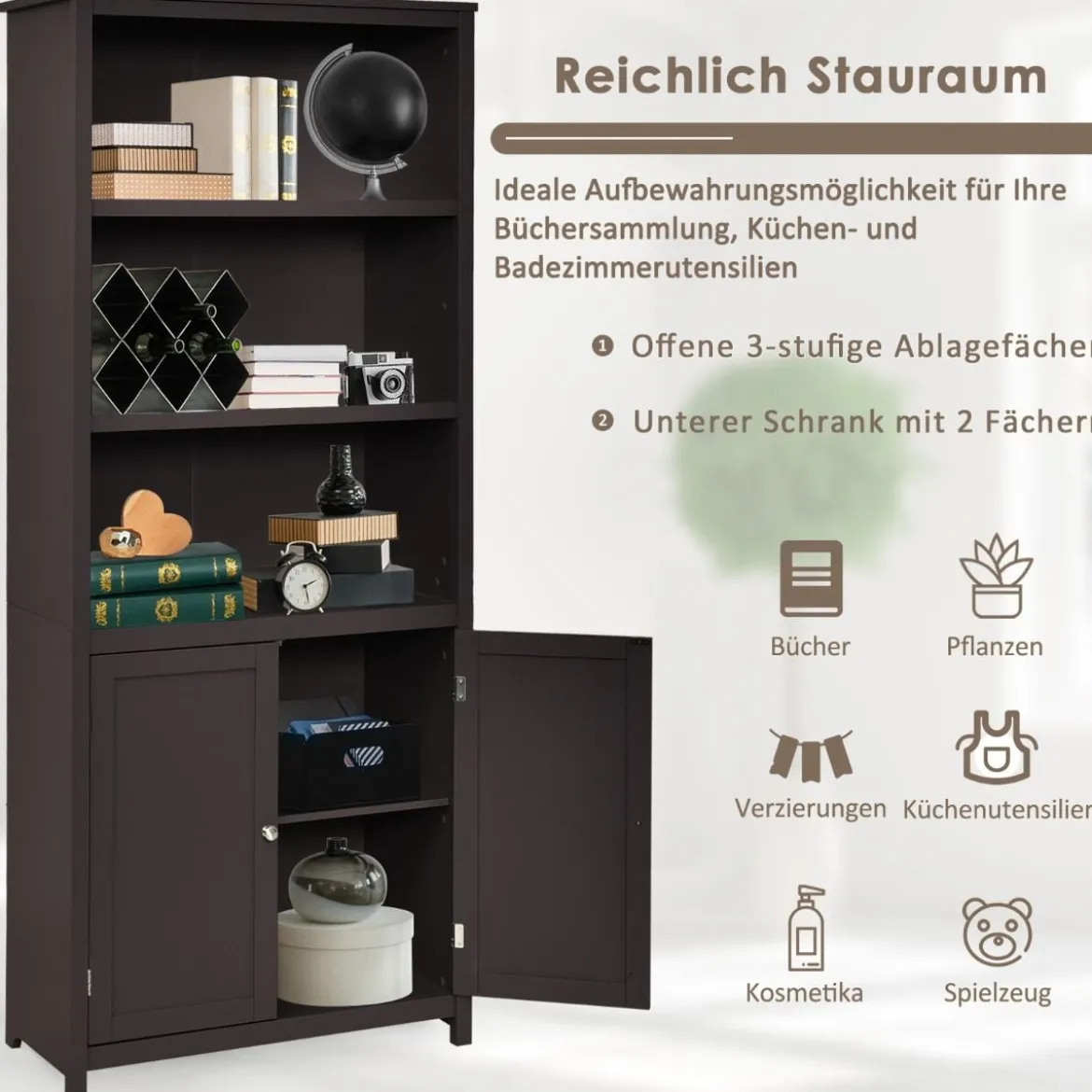 Bücherschrank Bücherregal mit Türen & 3 offenen Regalen Standregal Aktenregal Kaffee