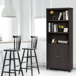 Bücherschrank Bücherregal mit Türen & 3 offenen Regalen Standregal Aktenregal Kaffee