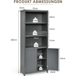 Bücherschrank Bücherregal mit Türen & 3 offenen Regalen Standregal Aktenregal Grau