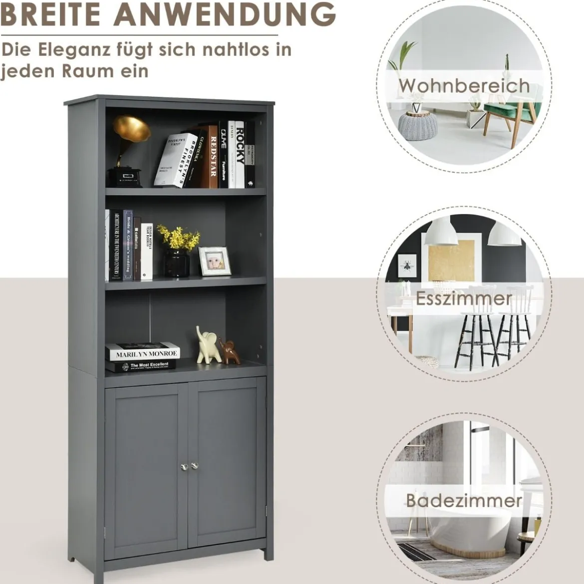 Bücherschrank Bücherregal mit Türen & 3 offenen Regalen Standregal Aktenregal Grau