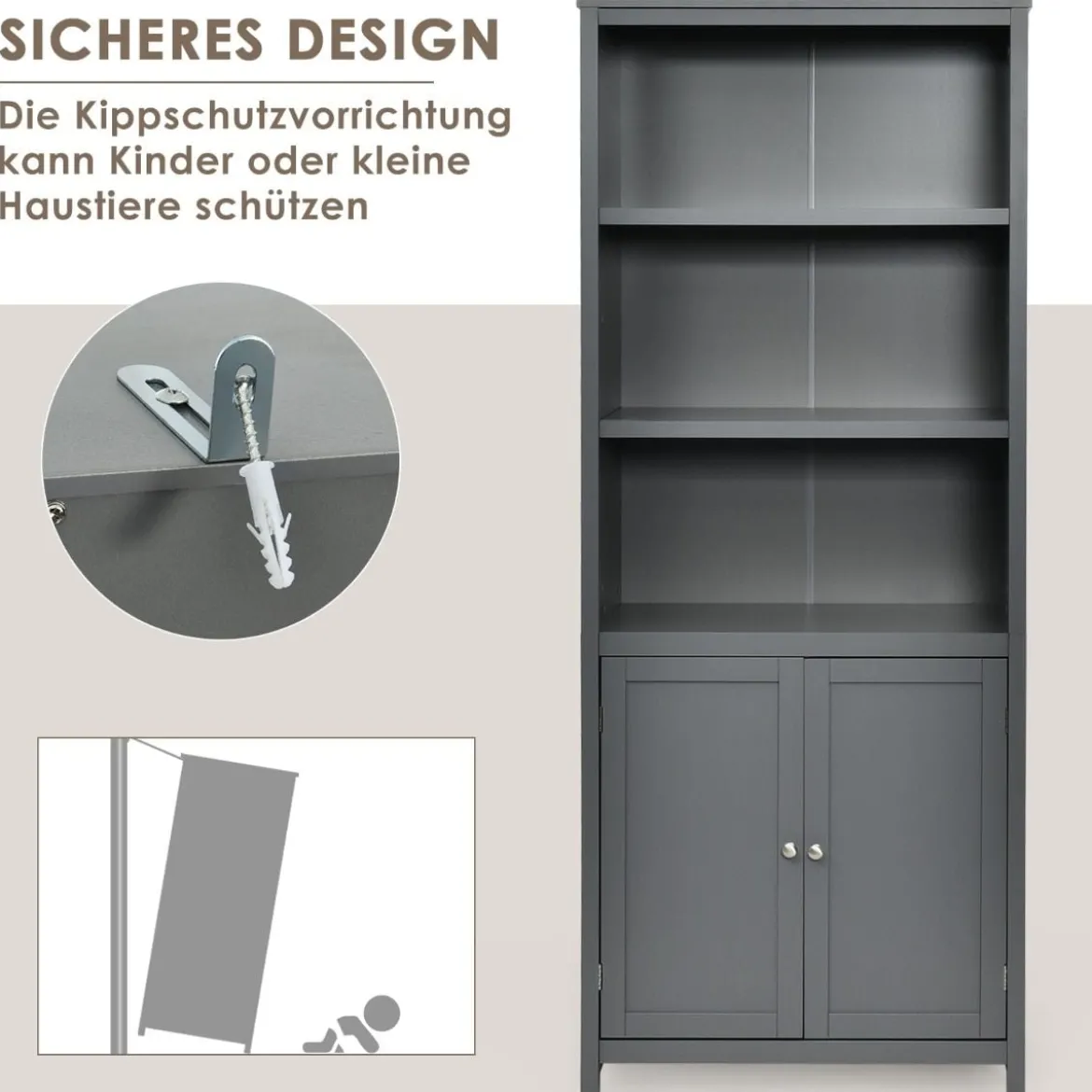 Bücherschrank Bücherregal mit Türen & 3 offenen Regalen Standregal Aktenregal Grau