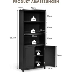 Bücherschrank Bücherregal mit Türen & 3 offenen Regalen Standregal Aktenregal Schwarz