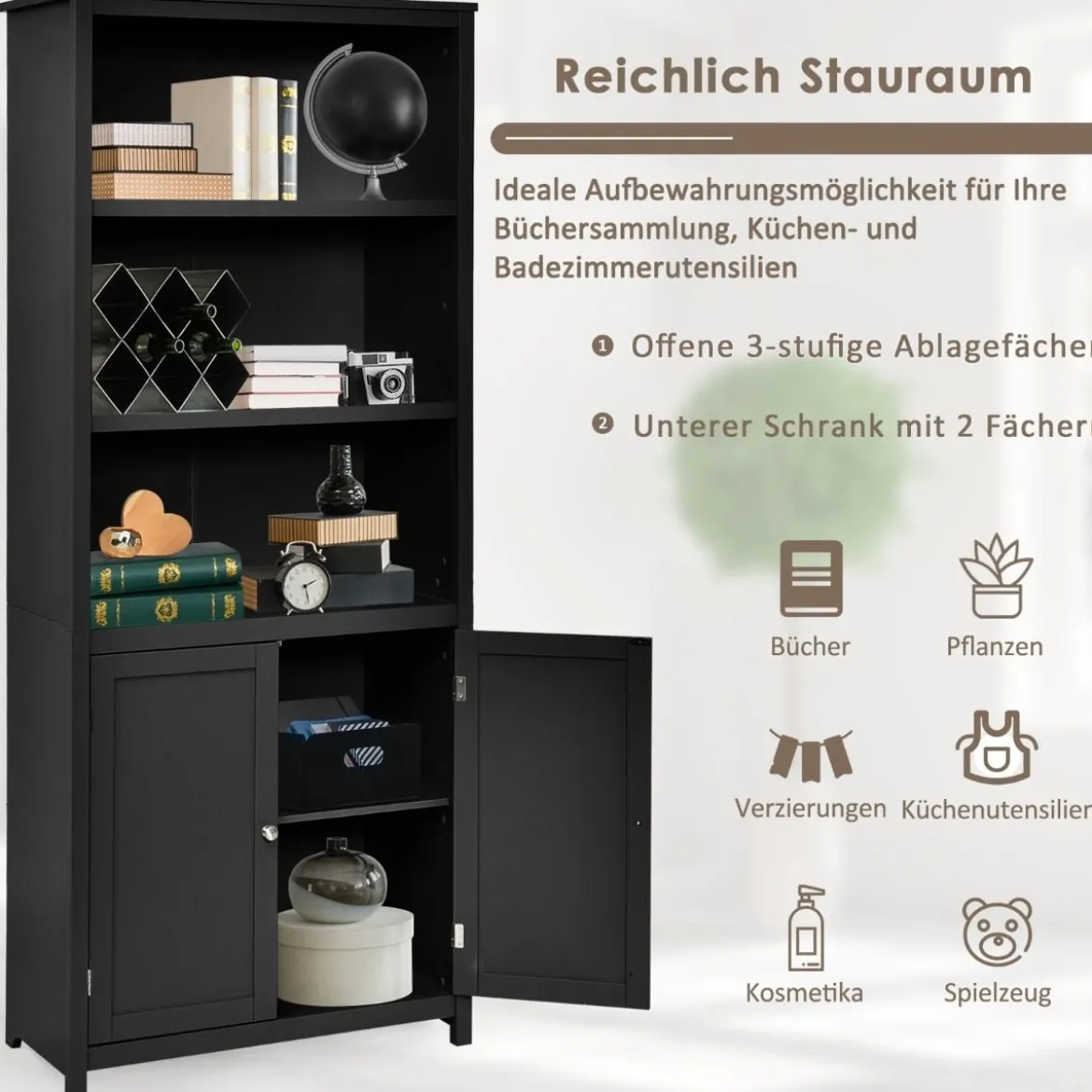 Bücherschrank Bücherregal mit Türen & 3 offenen Regalen Standregal Aktenregal Schwarz
