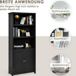 Bücherschrank Bücherregal mit Türen & 3 offenen Regalen Standregal Aktenregal Schwarz