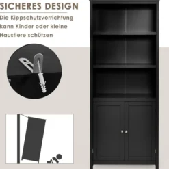 Bücherschrank Bücherregal mit Türen & 3 offenen Regalen Standregal Aktenregal Schwarz