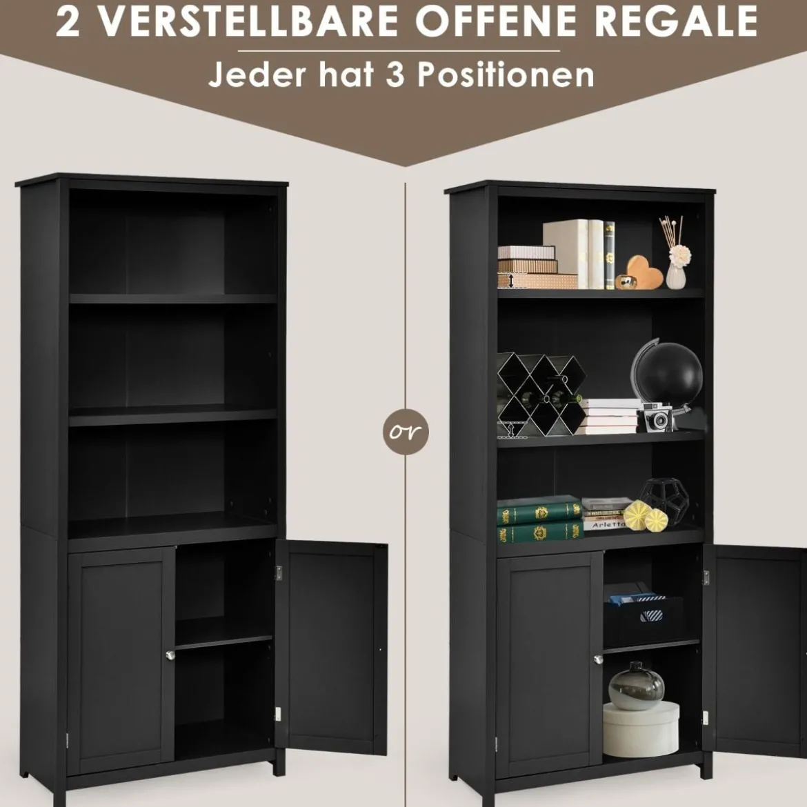 Bücherschrank Bücherregal mit Türen & 3 offenen Regalen Standregal Aktenregal Schwarz