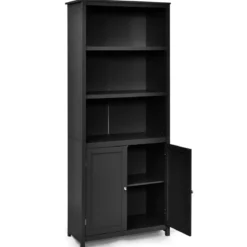 Bücherschrank Bücherregal mit Türen & 3 offenen Regalen Standregal Aktenregal Schwarz